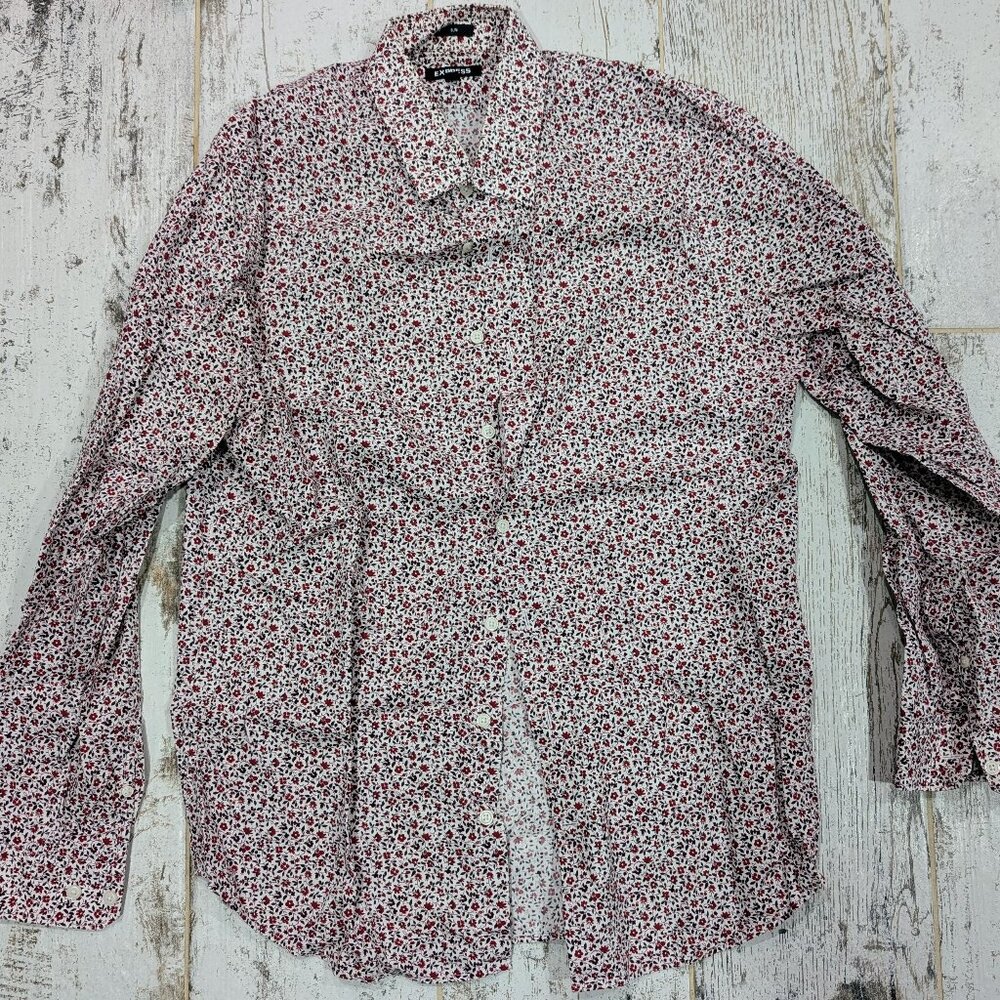 Express Slim fit White Floral print LS dress shirt